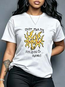 Talla Grande, Manga Corta. Camiseta con estampado gráfico de dibujos animados caprichosos de dos soles tomados de la mano. Camiseta casual de verano de manga corta, un básico para el día a día. 100% Algodón. - Blanco - Ver 1