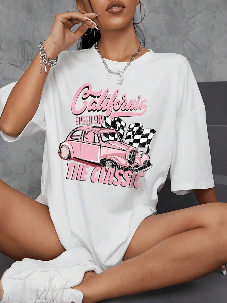 Women's Loose-Fitting T-Shirt With Print, Short-Sleeved Crew Neck T-Shirt With Classic California Car Print For Women, Stylish Design, Soft And Comfortable Fabric, For Everyday Wear, As A Gift,% - 白色的 - 查看 1