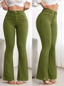 Jeans de pierna acampanada de corte slim casual para ir al trabajo - Verde - Ver 1