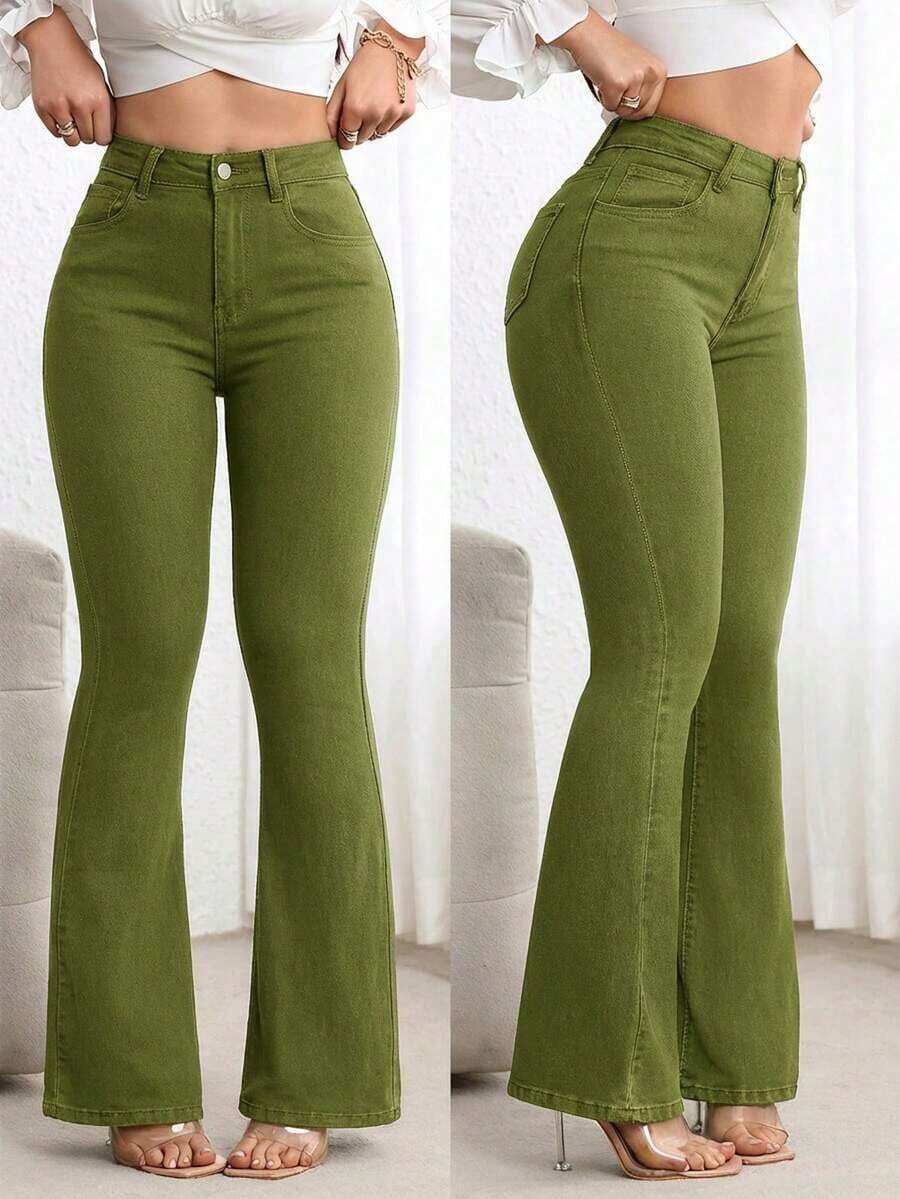 Jeans de pierna acampanada de corte slim casual para ir al trabajo - Verde - Ver 1