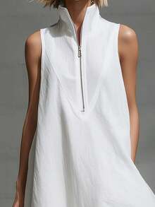 Women's Dress 2026 European American Minimalist Style, Sleeveless With Half Zipper Closure Loose Fit In Cotton Linen Fabric - 白色 - 查看 3