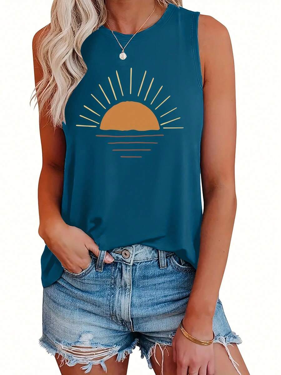Summer Outfits For WomenPlus Size Sun Print Tank Top, Casual Crew Neck Sleeveless Tank Top For Summer, Women's Plus Size ClothingLoose And Comfortable - 藍色 - 查看 1