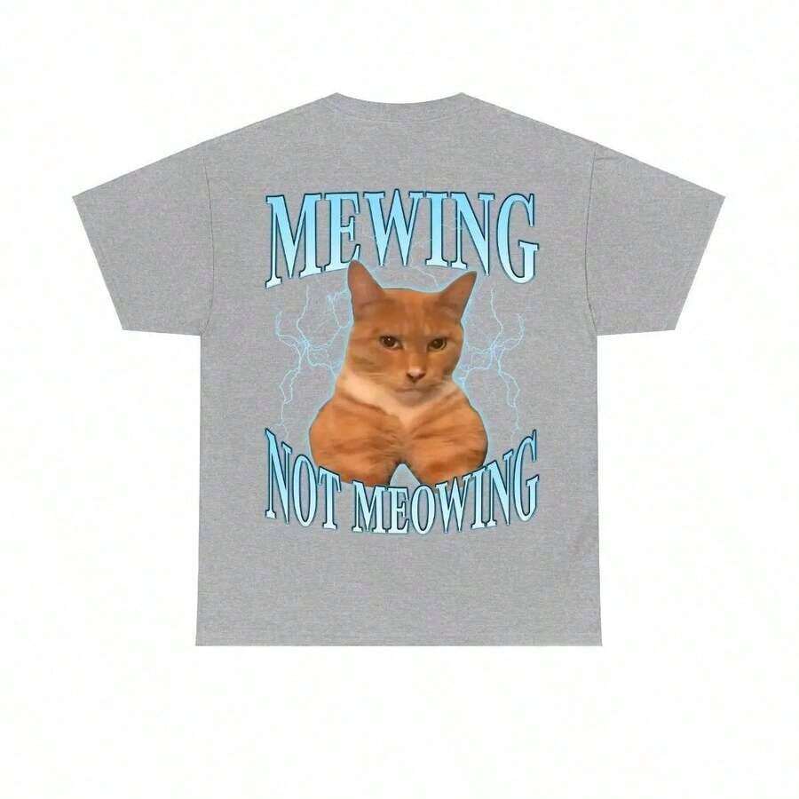 Summer 2026 T-Shirt With Funny Cat Meme - Mewing LooksMax, Meowing Cat Graphic T-Shirt, Unisex Cotton Garment For Men And Women, Urban Retro T-Shirt For Everyday Wear - 運動灰 - 查看 1