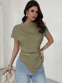 Blusa de mujer de manga corta con unicolor, drapeado y bajo asimétrico - Verde militar - Ver 7