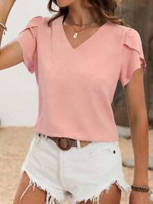 Blusa de unicolor casual con mangas con diseño de pétalos para vacaciones - Rosa 2 - Ver 4