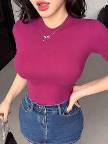 Camiseta casual de mujer con cuello alto, manga corta, ajustada, con cierre cruzado delantero, sólida y sexy.Versátil para usar en verano, estilo preppy. - Rosa Fucsia - Ver 4