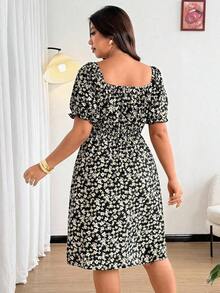 Vestido con abertura lateral romántica, estilo floral diminuto y refrescante para vacaciones, talla grande - Negro - Ver 7