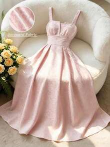 Vestido largo elegante de línea A con tirantes de espagueti y espalda descubierta, de jacquard rosa, apropiado para vacaciones, verano, vuelta al colegio, graduación, San Valentín, Navidad, festivales de música, Día de la Madre, Halloween, Acción - Rosa - Ver 7