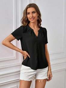 Blusa casual de mujer de unicolor con cuello en V y manga corta - Negro - Ver 5