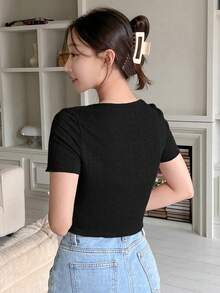 Top casual de manga corta con nudo delantero de unicolor, top crop para mujeres - Negro - Ver 2