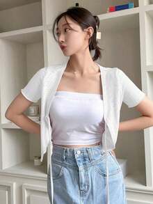 Top casual de manga corta con nudo delantero de unicolor, top crop para mujeres - Blanco - Ver 5