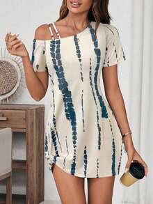 Vestido corto de manga corta casual para mujer, básico para salidas diarias, con nudo en el bajo, para primavera/verano - Multicolor - Ver 1
