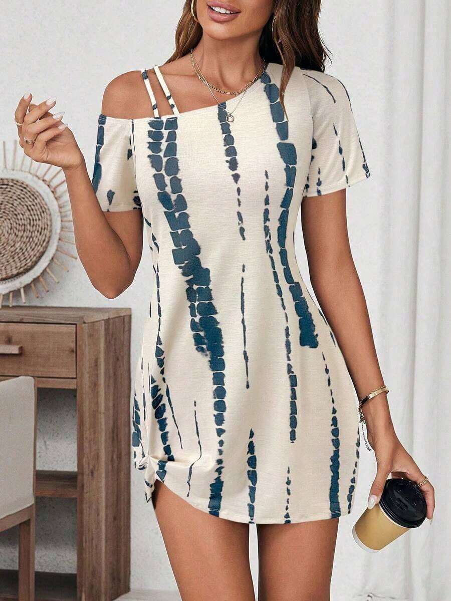 Vestido corto de manga corta casual para mujer, básico para salidas diarias, con nudo en el bajo, para primavera/verano - Multicolor - Ver 1