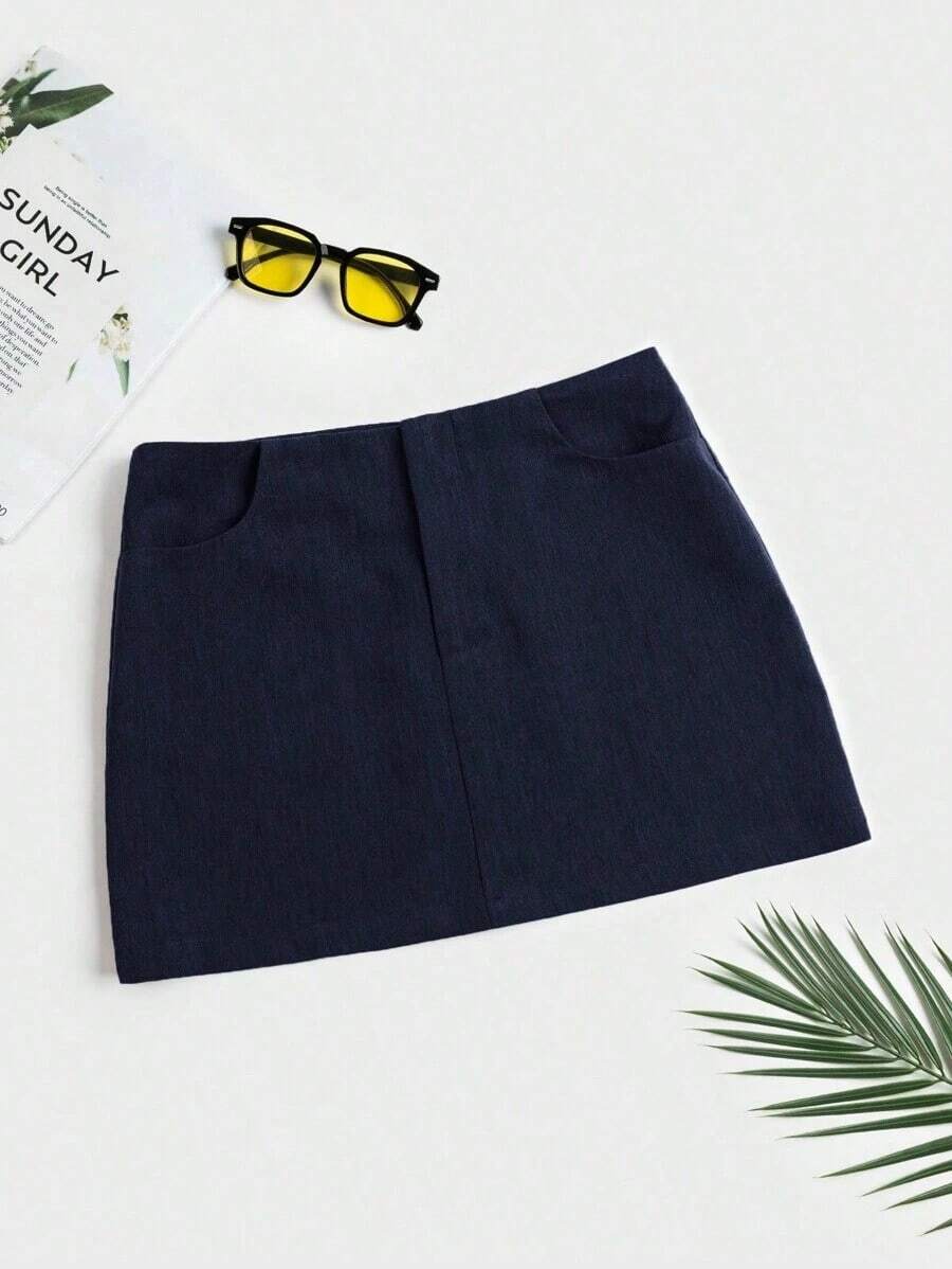 Falda Mini Recta Negra De Cintura Baja Y Sólido Para Verano - Azul marino - Ver 1