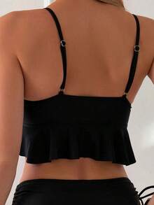 Conjunto de bikini de unicolor con nudo delantero, traje de baño sexy para el estilo de playa de verano - Negro - Ver 4