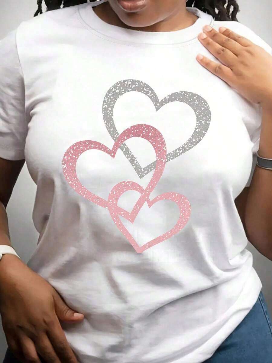 Women's Summer Casual Outfits [Premium T-Shirt, Heart Design] Premium Milk Line 180g T-Shirt | Women's Summer Outfits, Casual Style, Short Sleeve, Heart Print, Pullover Style, Heart And Rose Ring Print, Summer Tops, Women's Summer Clothes, Summer Tops, Summer Fashion. - 白色 - 查看 1