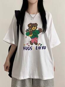 Camiseta de manga corta con estampado de oso de dibujos animados Y2K para mujer, nueva moda de verano, versátil, holgada, con cuello redondo, top Y2K. |   Diseño exquisito |   Suelto y cómodo |   Fácil de combinar | - Blanco - Ver 1