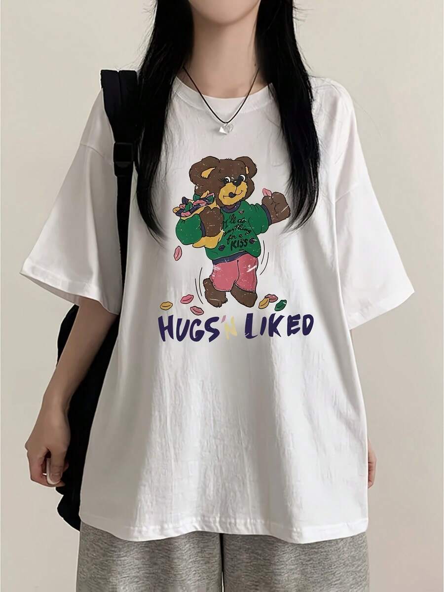 Camiseta de manga corta con estampado de oso de dibujos animados Y2K para mujer, nueva moda de verano, versátil, holgada, con cuello redondo, top Y2K. |   Diseño exquisito |   Suelto y cómodo |   Fácil de combinar | - Blanco - Ver 1