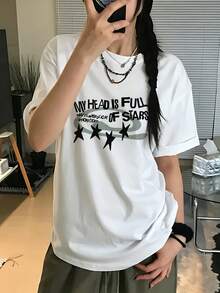 Y2K Women's Letter Print T-Shirt - Stylish Y2K Oversized Crew Neck Summer Top, Loose Fit Casual Blouse For Layering And Casual Wear - [白色的] - 查看 4