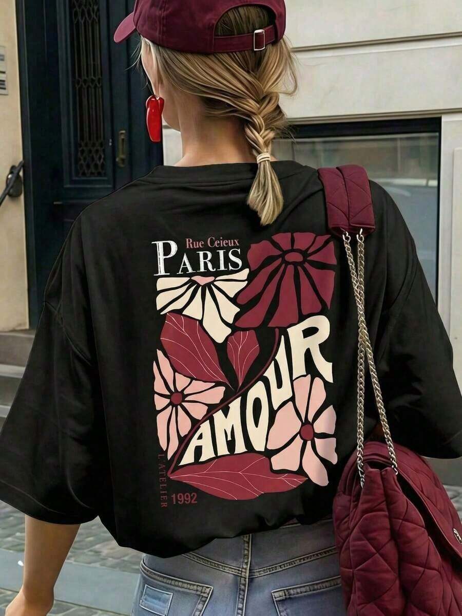 Camiseta de manga corta con cuello redondo y estampado floral "Paris Lover" en color crema para mujer, corte holgado informal, estilo parisino, estilo romántico, para paseos por la ciudad, citas nocturnas, temporada de flores de cerezo, ideal para brunch, primavera/verano.