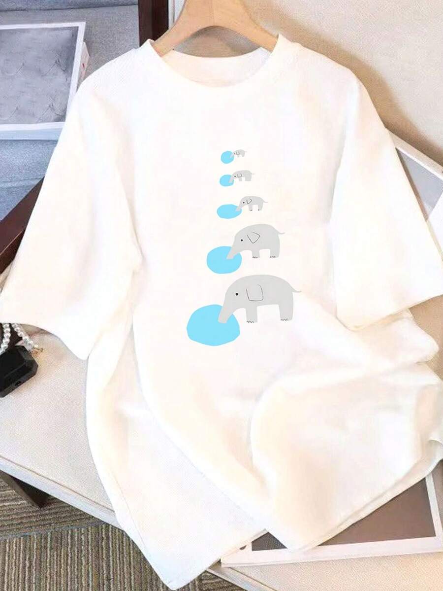 Women's Pure Cotton Short Sleeve T-Shirt, Personalized, Casual Elephant Print - Loose Fit Crew Neck Casual Top, Machine Washable, Cartoon Design, Comfortable For All Seasons, Simple Style - Unisex Cotton Short Sleeve Crew Neck T-Shirt, Urban Vintage Style. - 白色 - 查看 1