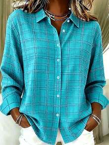 Casual Fashion Plaid Print Women's Plus Size Lightweight Long Sleeve Button-Up Shirt - Mint Blue - View 2