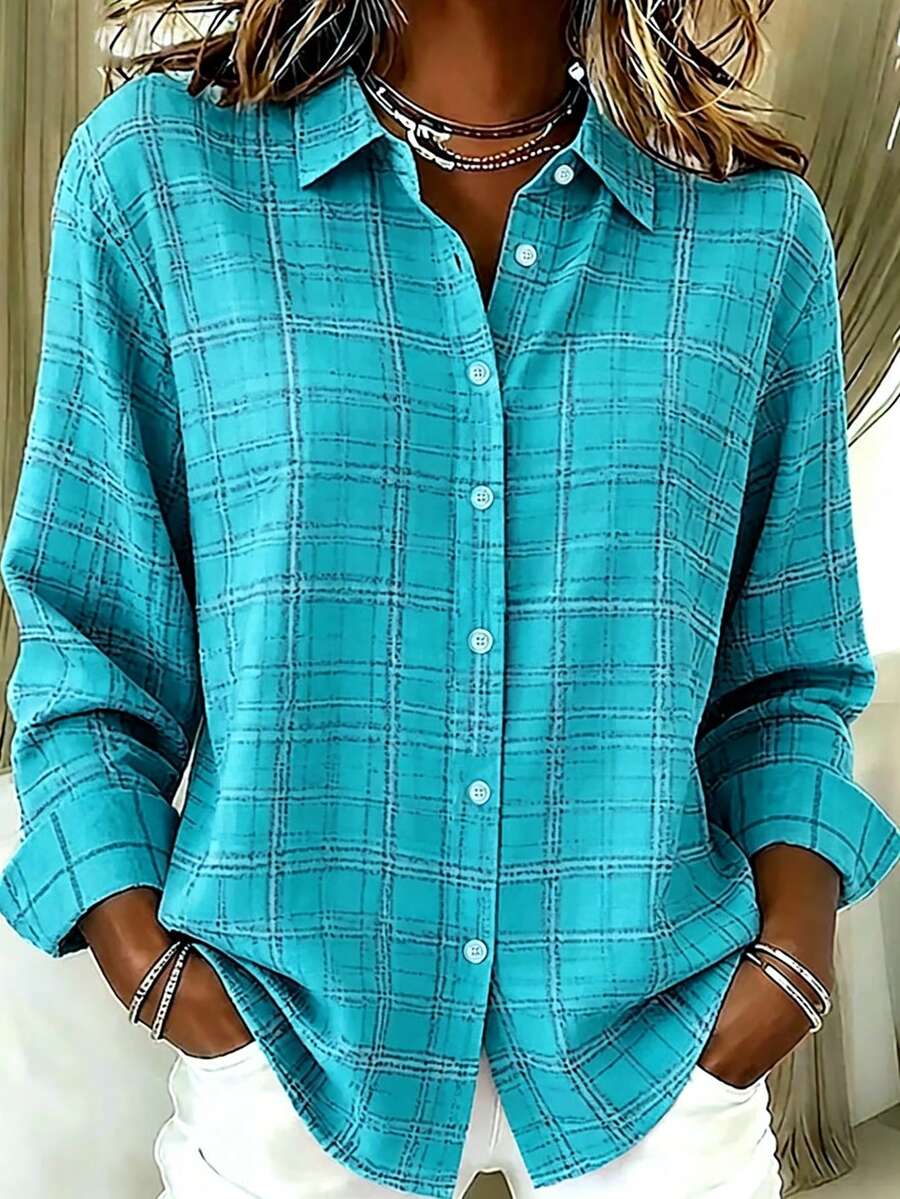 Casual Fashion Plaid Print Women's Plus Size Lightweight Long Sleeve Button-Up Shirt