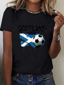 Modern Minimalist T-Shirt. Women's Printed Crew Neck T-Shirt, US-Mexico Clothing Collection. Fashionable Women's Crew Neck Printed T-Shirt With Scotland Football Team Print. A Striking And Versatile Wardrobe Essential. Football Fan Apparel, Cheerleading Clothing. New Sleeves - 黑色 - 查看 6