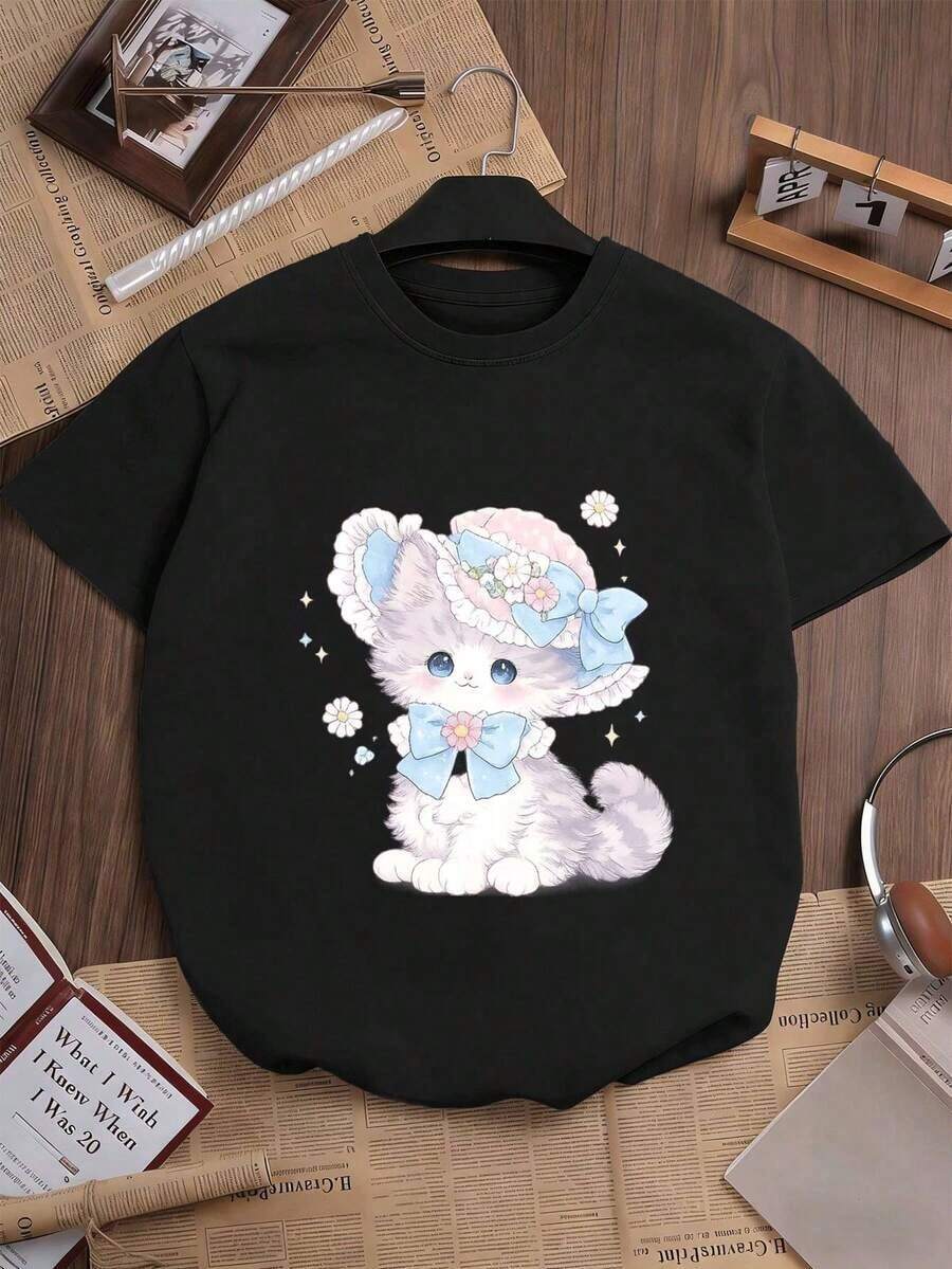 blusas para mujer Camiseta de mujer con estampado gráfico de gato adorableSuitable for spring, summer and autumn - Negro - Ver 1
