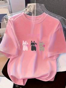Women's T-Shirt 100% Cotton, Vintage Summer T-Shirts For Women, Women's T-Shirt 2026, New, Casual, Cute, Loose, Cotton, Round Neck, Short Sleeve, With Kitten Print In Three Colors. - 黑色 - 查看 7