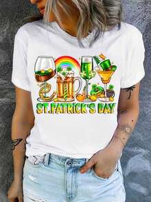 Camiseta de manga corta con cuello redondo y estampado para mujer Bebidas del Día de San Patricio Sombrero de Duende Arcoíris S-3XL moda, cómodo y transpirable Unio lavable a máquina - Blanco - Ver 2