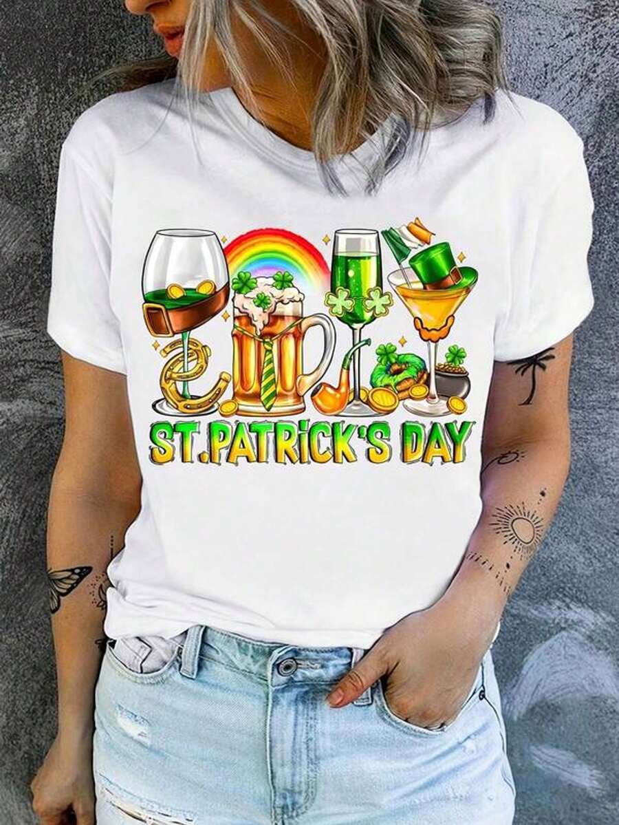 Camiseta de manga corta con cuello redondo y estampado para mujer Bebidas del Día de San Patricio Sombrero de Duende Arcoíris S-3XL moda, cómodo y transpirable Unio lavable a máquina