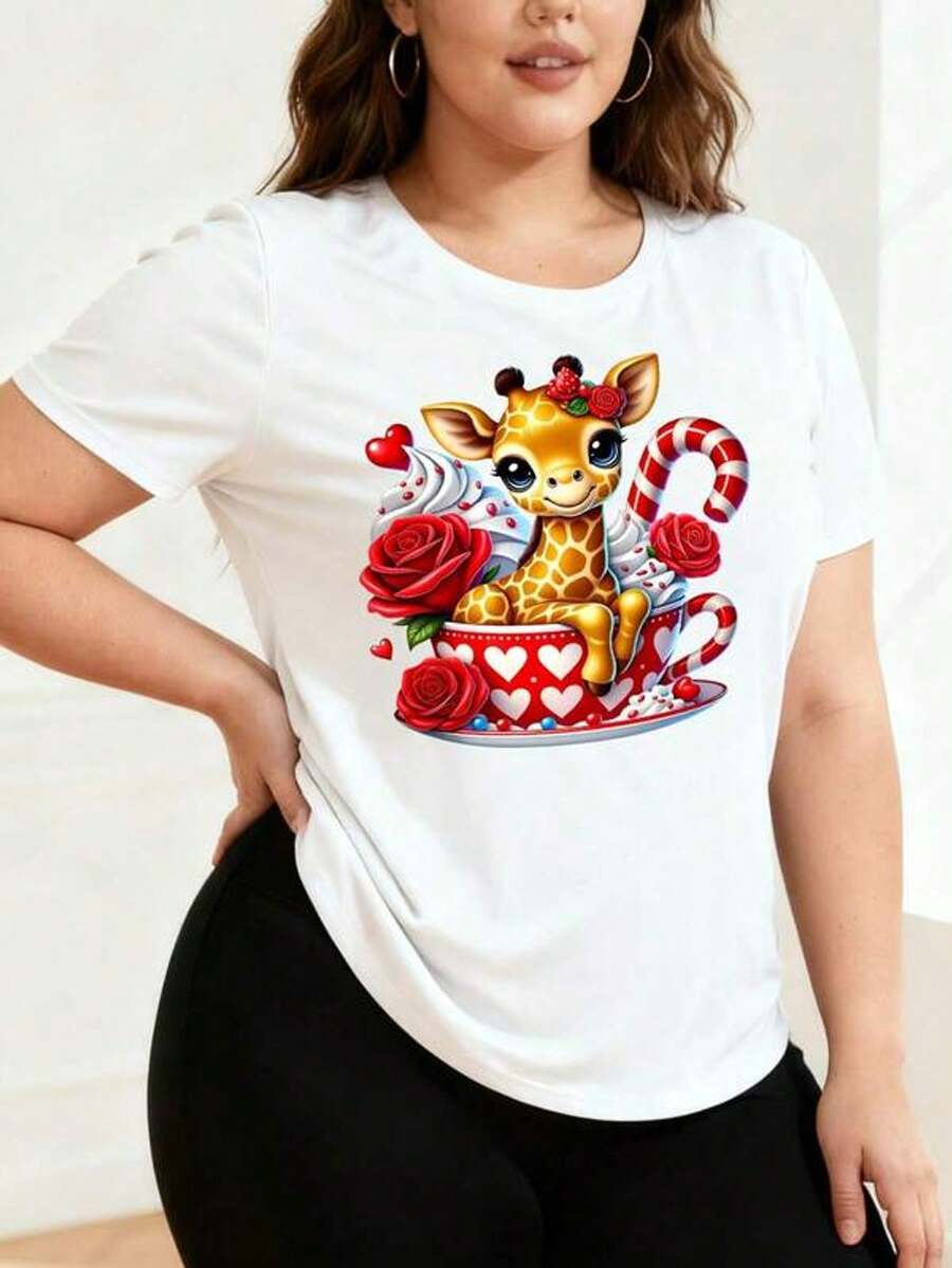 Camiseta casual de manga corta con cuello redondo y estampado para mujer Cute Jirafa En Taza De Té Con Rosas S-3XL moda, cómodo y transpirable uni lavable a máquina