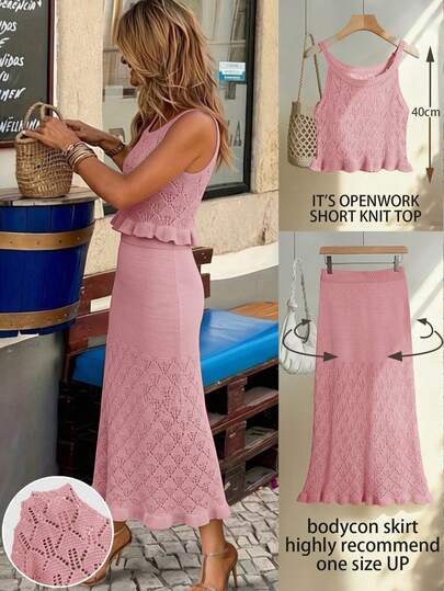 Ensemble vintage élégant 2 pièces pour femmes : Débardeur unicolore avec découpes et jupe mi-longue. Tenue d'été pour plage et vacances, Coachella rose