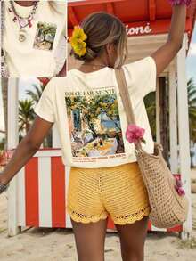 Women's Plus Size Short Sleeve T-Shirt With Round Neck, Loose Fit, Casual - Apricot 2 - View 3