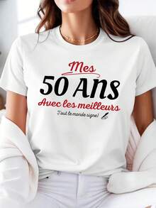 Women's Casual Short Sleeve Crew Neck T-Shirt, French 50th Birthday Signature Print, Spring-Summer, Everyday Style, Casual Outing, Holiday Gift - 白色 - 查看 8