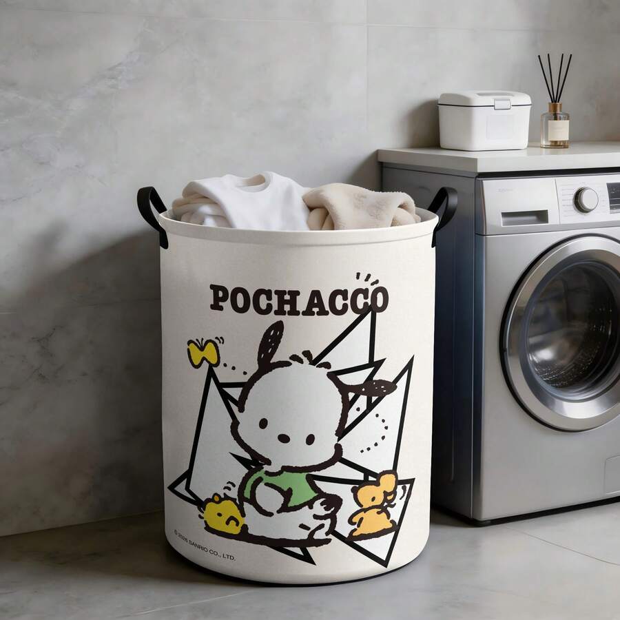Miniso Sanrio Pochacco 素描印花洗衣篮,可折叠收纳箱,带提手,适用于洗衣房、卧室等场所的整理收纳 - 彩色 - 查看 1