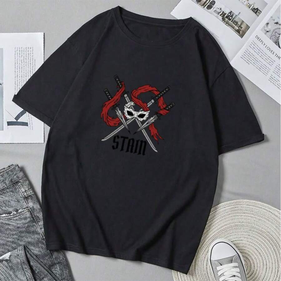 stain---hero-killer-T-Shirt Camiseta con estampado de personajes de anime vSummer Unisex Cuello redondo Casual Streetwear Tops - Negro - Ver 1