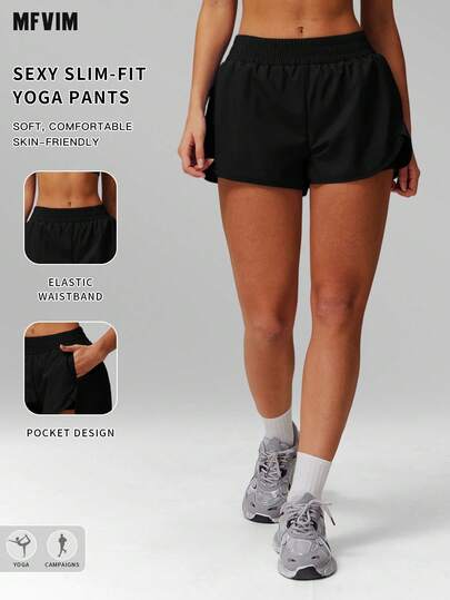  MFVIM Women's Pocket Naked Feel Quick Dry Yoga Faux Two-Piece Tight Shorts, Slim Fit Tummy Control Lifting Breathable Stretchy High Waist Casual Shorts, Soft Skin-Friendly Fabric Leggings For Casual, Running, Yoga, Pilates, Gym Workout