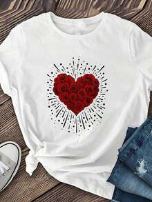 New And Modern Women's Short-Sleeved T-Shirt, Printed With A "Red Rose Of Love" Design, Soft And Breathable, Made Of Stretchy Fabric, Machine Washable, Casual Short-Sleeved T-Shirt, A Must-Have For Spring And Summer, Short-Sleeved Top, Modern Style. KTQN-Short-Sleeved Crew Neck T-Shirt, Urban Vintage Style, Unisex, Loose Fit And 100% Cotton. - 白色 - 查看 11