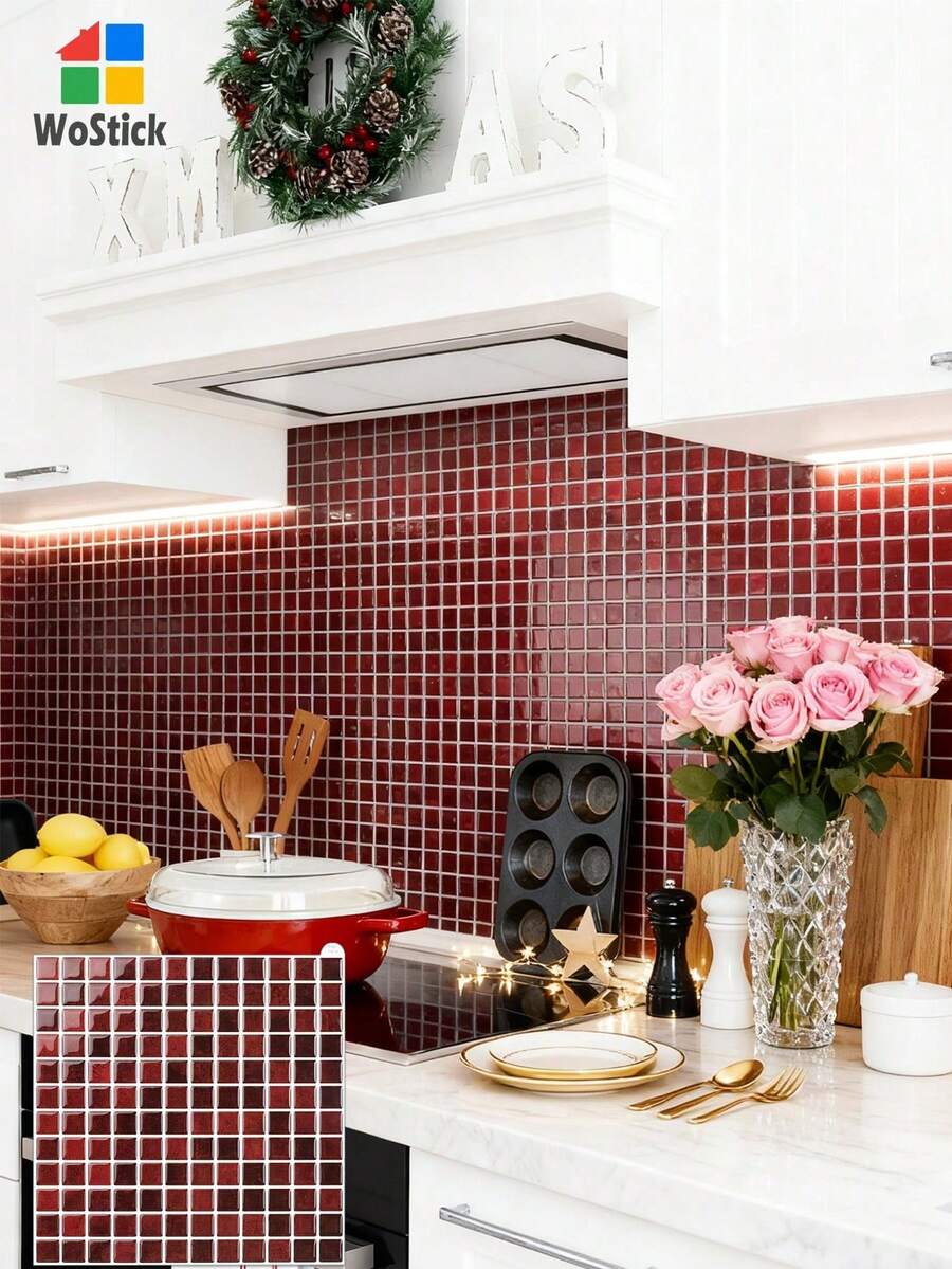 10-Inch X 10-Inch Red Waterproof Textured Vinyl DIY Wallpaper, Self-Adhesive Splash-Proof Tiles, Small Square Adhesive Tiles, Suitable For Home Decoration