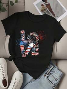 Women's Fashion T-Shirt With American Flag And Fireworks Print, Patriotic, For Independence Day Celebration, Casual Summer Top, Women's T-Shirts - 黑色 - 查看 3