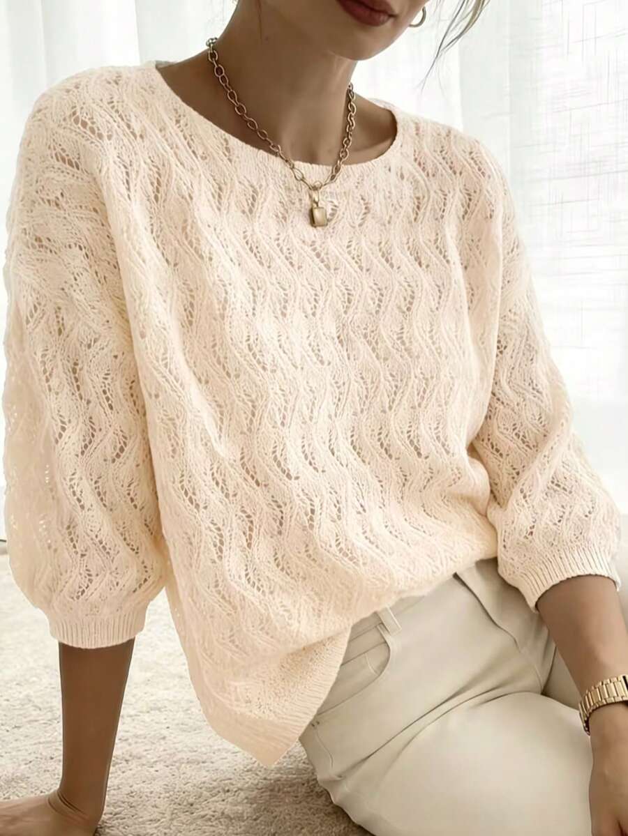 Fashionable Women's 3/4 Sleeve Knit Sweater, Hollow Out Design, Semi-Sheer Pullover, Creating Soft Autumn Look - Apricot - View 1