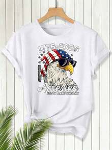 White T-Shirt With US Flag Cap, 250th Anniversary Of American Independence 1776-2026 Print For Independence Day Celebration, Women's T-Shirts - 白色 - 查看 4
