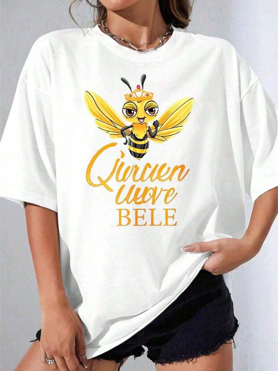 Women's T-Shirts For Gift, Short Sleeve, Casual Style For Parties, OneWomen Oversize T-Shirt, White Queen Bee Design With Crown And Text 'Queen Weve Bele', Soft Summer Casual Outfit. - 白色 - 查看 1