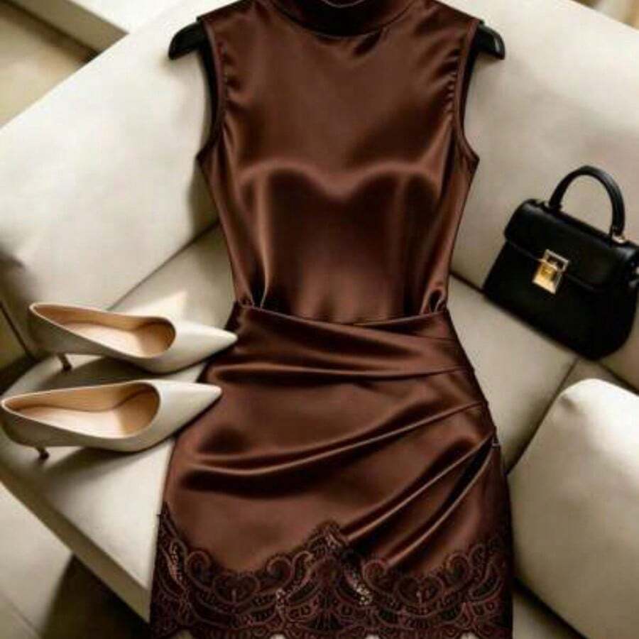 YijiaNvz Vestido de mujer de satén con cuello alto sin mangas, cintura plisada, forma asimétrica y sexy, con adorno de encaje. Vestido de satén para mujer, vestido de verano para mujer, vestido elegante de fiesta para mujer, vestido de fiesta para mujer, ropa de resort para mujer, vestido de mujer con cinta de satén, vestido marrón de mujer, vestido sexy de mujer, vestido sin mangas de mujer, vestido de festival de música de mujer, atuendo de temporada de graduación, ropa casual y elegante para i - Marrón - Ver 1