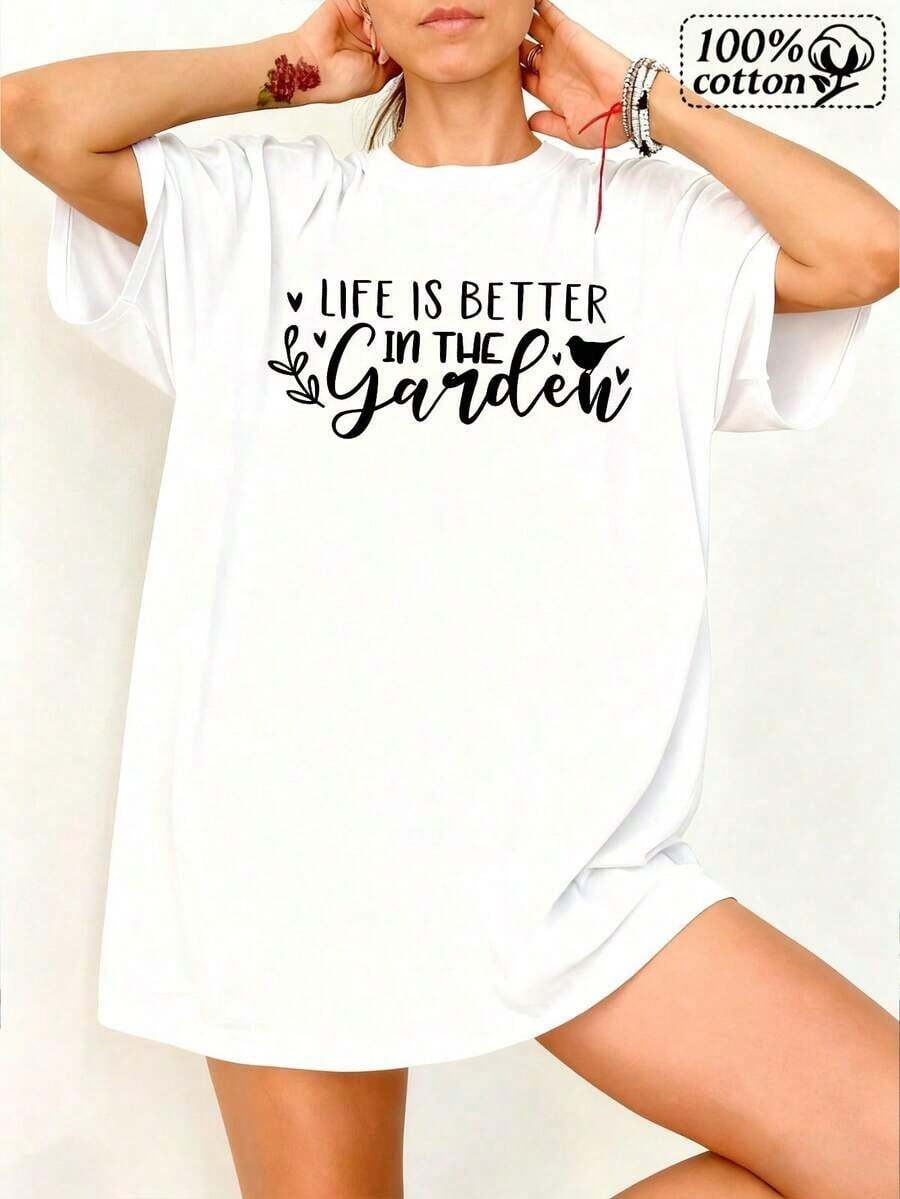 Soft Fashionable Women's T-Shirt With White Front Print Life Is Better In The Garden With Leaves And Hearts Comfortable For Gardening And Casual New Summer Women's T-Shirt, Casual And Comfortable Crew Neck Top - 白色的 - 查看 1