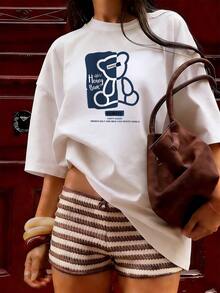 Blue And White Line Bear "Happy Bear" T-Shirt, Fashionable Short-Sleeved T-Shirt For Spring And Summer 2026, Made In Mexico, 180 Grams. Cartoon Print, Couple Design, Suitable For Indoor Or Outdoor Wear. Crew Neck, Unisex, Ideal For Office And Leisure. One-Pack. - WH-P631577SLNDXZGY648 - 查看 4