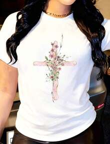 Women's T-Shirt With Pink Watercolor Floral Design, Round Neck, Short Sleeve, Casual, Suitable For Daily Outdoor Wear, Perfect For All Seasons. - 白色 - 查看 6