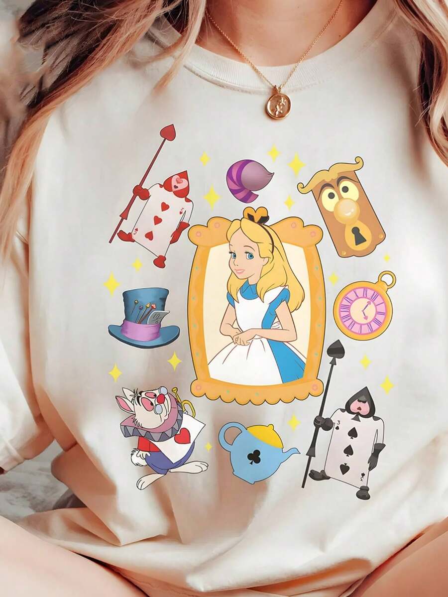 Camiseta de Mujer Alicia en el País de las Maravillas - 100% Algodón, Corte Holgado, Estampado Vibrante de Personajes (Alicia, Sombrerero Loco, Gato de Cheshire) - Tela Transpirable de 180g, Lavable a Máquina, Tallas S-XXL, Ropa Casual, Diseño Divertido, Estampado Duradero - Blanco - Ver 1